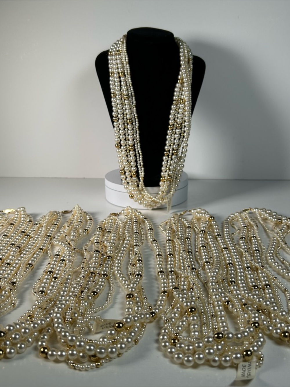 6 Strans Necklace White Beads Gold Tone Spacers Box Clasp Vintage Lot Of 6